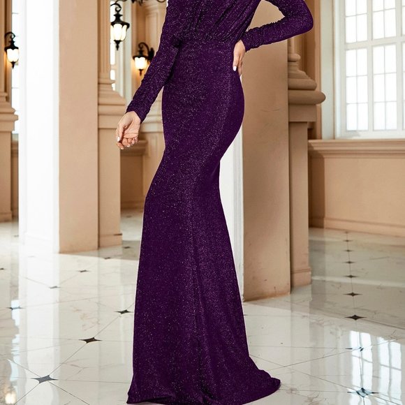 Brand New Draped Front Mock Neck Glitter Formal Gown Purple - Picture 3 of 6